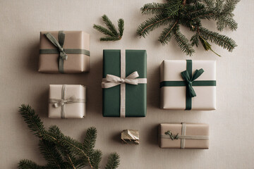 Modern flat lay of wrapped gift boxes with simple ribbons, surrounded by pine branches and small geometric ornaments, clean studio lighting, warm beige and forest green colors