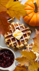 Fototapeta premium Overhead shot of waffles with melting butter, syrup and powdered sugar, and a bowl of sauce with orange pumpkin and autumn leaf, fall season food