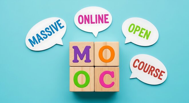 Colorful mooc concept with massive online open course on blue background