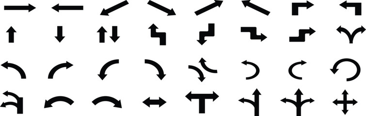 Way direction arrow sign collage. Road way arrow icon set. Road traffic direction arrows flat set. Road navigation arrows. Vector black line branching arrows. 