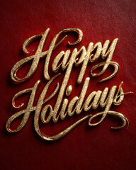 Elegant script typography that reads "Happy Holidays," made of shimmering liquid gold, against a deep velvety red background