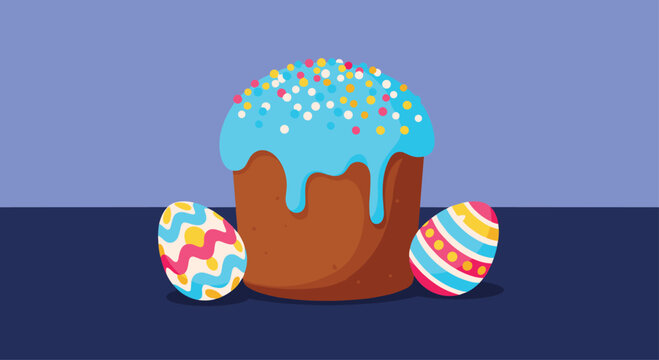 Festive Easter scene featuring a tall, decorated kulich cake with blue icing and colorful sprinkles, alongside two patterned Easter eggs on a surface.