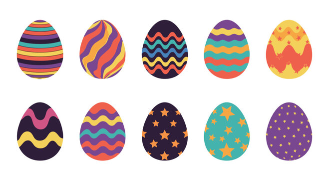 A vibrant collection of ten decorated easter eggs with colorful patterns including stripes, waves, and stars, perfect for spring celebrations and holiday designs.