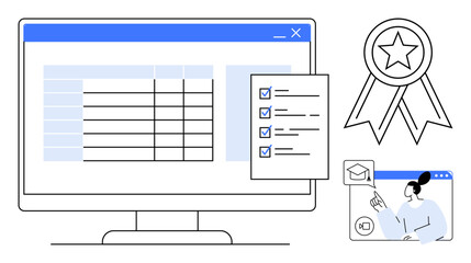 Computer screen with spreadsheet, checklist completion icons, award badge, and person in an online course. Ideal for education, productivity, certification, e-learning, goal setting performance