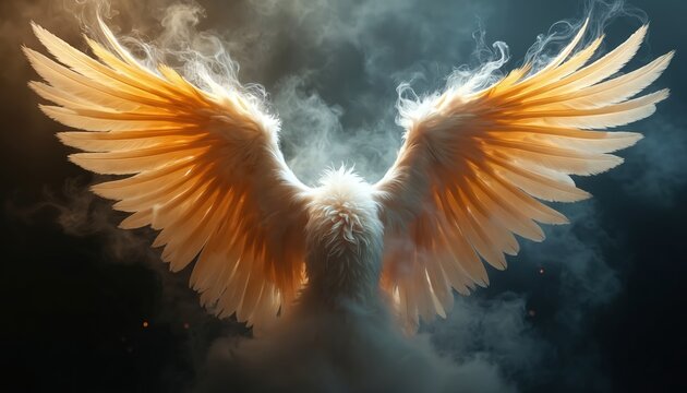 Giant white bird wings with golden light shine through feathers. Smoke swirls around mystic angelic form on dark background. Majestic ethereal creature appears from fog.