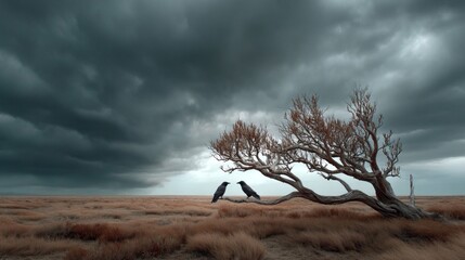 A raven sits quietly on a twisted branch of a barren tree. Dark clouds loom overhead, creating a moody atmosphere over the golden fields below. The scene feels both mysterious and tranquil.