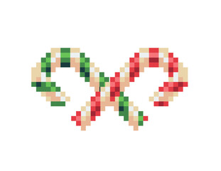 Pixel art Christmas candy canes crossed together in red, green, and white colors. Retro 8-bit festive icon for New Year design, holiday cards, pixel games, and winter decorations.