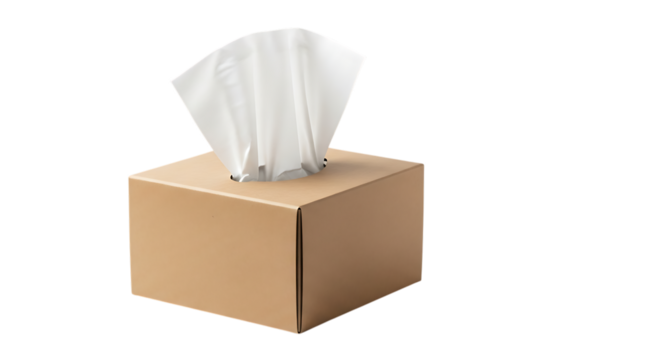 Transparent background brown cardboard tissue box with white tissues isolated on transparent background