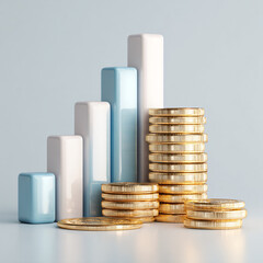 3D rendering of a stack of abstract, smooth currency coins next to a growing bar chart, soft professional light, minimalist presentation, light blue and gold color scheme 