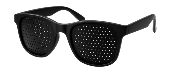 Black plastic vision-training glasses featuring evenly spaced pinholes.
