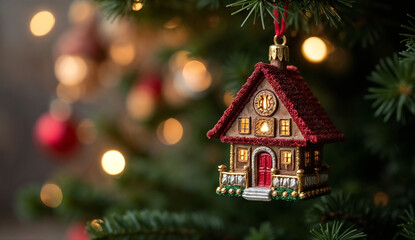 Christmas house ornament hanging on Christmas tree with bokeh background