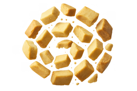 Caramel fudge and toffee candy pieces floating dynamically in a circular pattern, with a transparent background