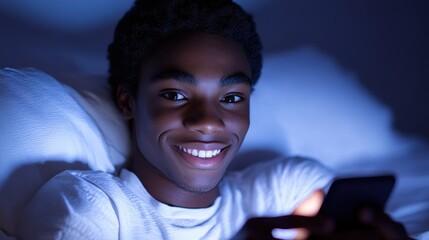 Man is smiling while using a smartphone in his bed late at night with a blue light