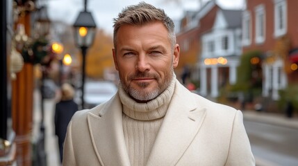 Naklejka premium Man in a cream coat poses on a Niagara-on-the-Lake street, likely during the autumn season