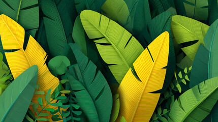 A vibrant, stylized illustration showing a dense tangle of tropical leaves in shades of green and bright yellow against a dark background, featuring white speckles.