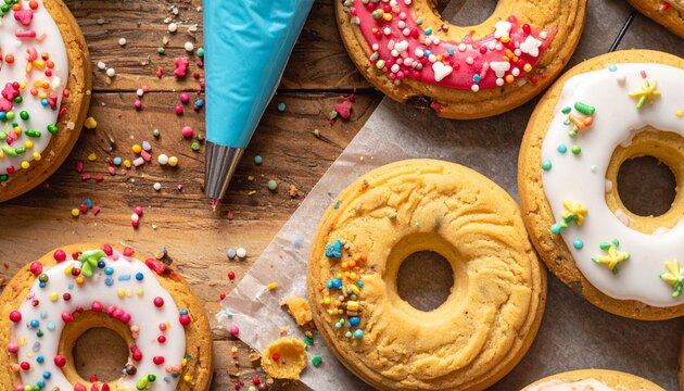 Colorful decorated cookies with frosting and sprinkles on wooden table for festive baking activity