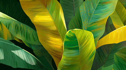 A vibrant, stylized illustration showing a dense tangle of tropical leaves in shades of green and bright yellow against a dark background, featuring white speckles.