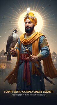 Portrait of guru gobind singh holding a falcon with a halo and a sword