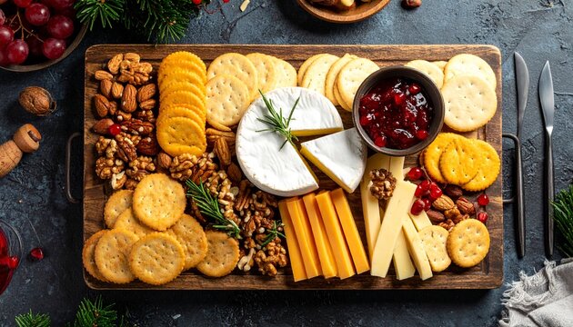 Delicious cheese and cracker platter with nuts and fruit for a festive gathering