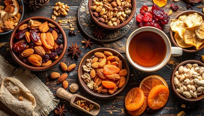 Delightful assortment of dried fruits, nuts, and herbal tea on a rustic wooden table