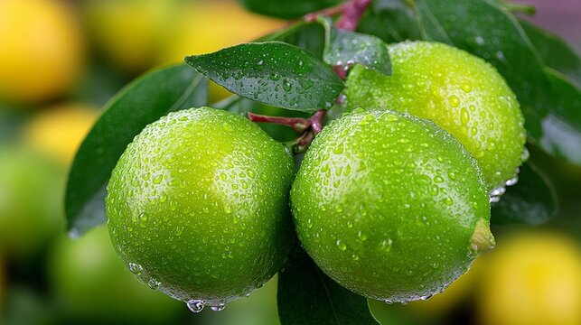Three green citrus fruits are hanging from a tree. The leaves are wet and the fruit is shiny