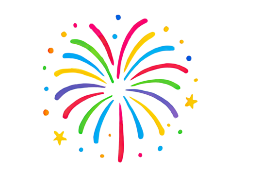 Colorful festive fireworks explosion illustration with bright celebration bursts dynamic neon strokes party decor vibrant artwork style isolated on white background