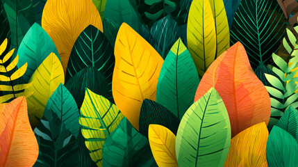 A vibrant, stylized illustration showing a dense tangle of tropical leaves in shades of green and bright yellow against a dark background, featuring white speckles.