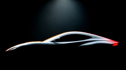 Car is shown in a black background with a red light on the back. The car is sleek and modern, with a shiny finish. Concept of luxury and sophistication, as well as a sense of speed and power
