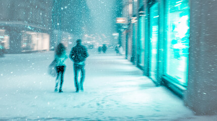 People walking along snowy street with strong teal storefront lighting and motion blur in dense snowfall, concept of lifestyle, retail, urban advertising