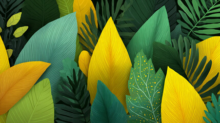 A vibrant, stylized illustration showing a dense tangle of tropical leaves in shades of green and bright yellow against a dark background, featuring white speckles.