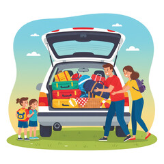 Bright vector scene of a family loading luggage into a car for a holiday trip. Cheerful outdoor atmosphere and travel concept. Vector illustration