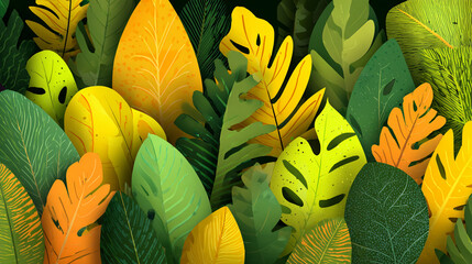 A vibrant, stylized illustration showing a dense tangle of tropical leaves in shades of green and bright yellow against a dark background, featuring white speckles.