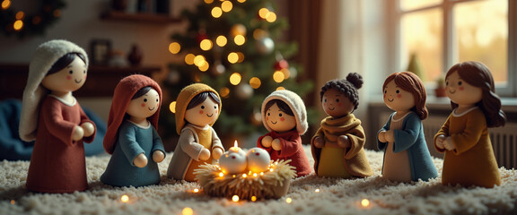 Eight figurines gathered around a nativity scene with flickering candles  