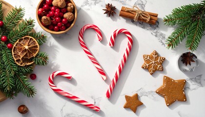 Holiday sweets and decorations create a festive scene with candy canes and cookies on a marble surface