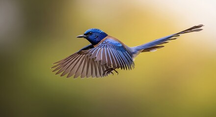Blue-headed Racquet-tail landing gracefully, iridescent feathers shimmering under warm backlight