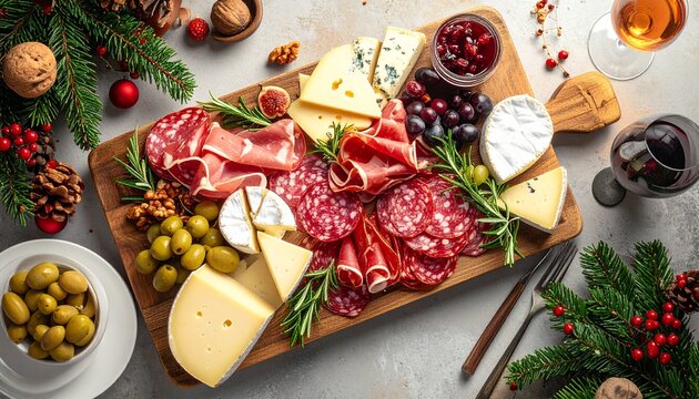 Holiday cheese and charcuterie board with festive decorations and wine