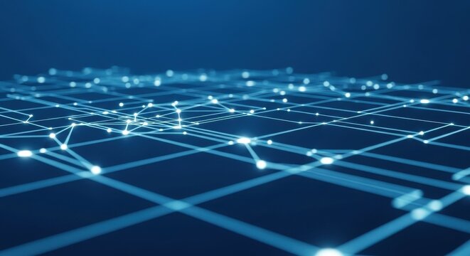 Network connections form an abstract digital web against a blue backdrop representing interconnectedness data flow and technological advancement making it ideal for illustrating concepts like global