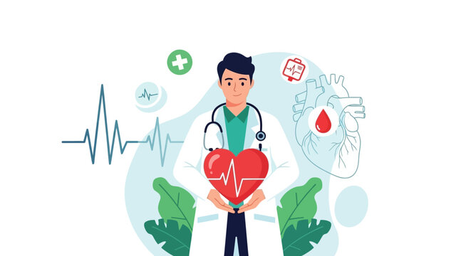 Doctor holding heart with cardiogram line, surrounded by medical icons and anatomical heart, representing cardiology and heart health awareness