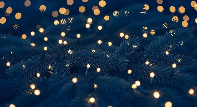 Enchanting bokeh lights softly illuminate the dark, frosty branches of a festive winter tree, creating a warm and magical atmosphere for the holiday season