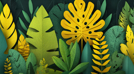 A vibrant, stylized illustration showing a dense tangle of tropical leaves in shades of green and bright yellow against a dark background, featuring white speckles.