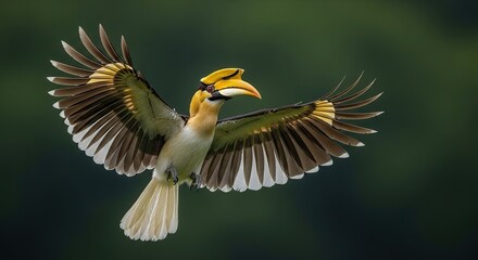 Palawan Hornbill with wings extended mid-landing, rich deep-green backdrop, crisp fine art detail