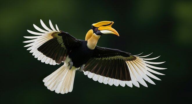 Palawan Hornbill with wings extended mid-landing, rich deep-green backdrop, crisp fine art detail