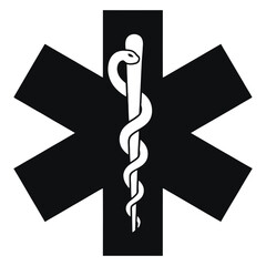 Black and white star of life symbol with snake isolated on white background for medical or emergency services