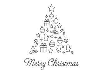 Minimalist Christmas tree outline illustration with festive holiday elements icons greeting design winter decoration art style isolated on white background