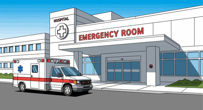 Closeup view hospital emergency room entrance with an ambulance parked outside, highlighting urgent medical care and immediate response