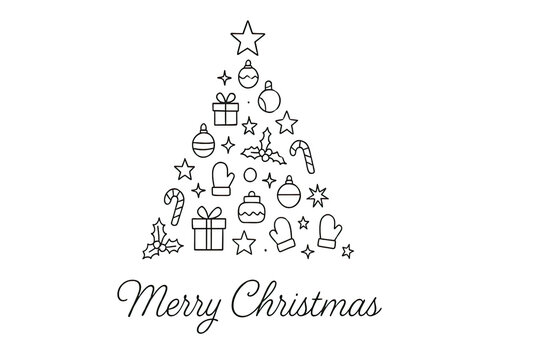 Minimalist Christmas tree outline illustration with festive holiday elements icons greeting design winter decoration art style isolated on white background