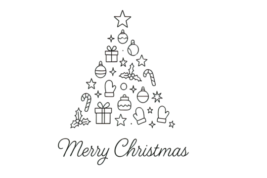 Minimalist Christmas tree outline illustration with festive holiday elements icons greeting design winter decoration art style isolated on white background - Powered by Adobe