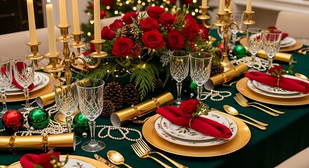Festive Christmas Dining Table Setting with Elegant Decor and Place Settings