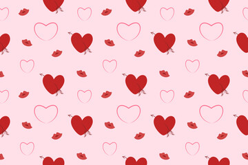 Playful vector seamless pattern scattered with flirty dark red Cupid hearts pierced by arrows, bright pink outline hearts, and scattered lips, set against a soft blush background.