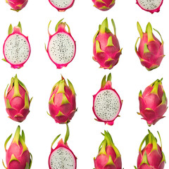 Flat lay of assorted dragon fruit arranged as in a grid, isolated on transparent background